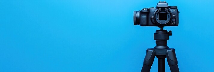 A camera mounted on a tripod against a blue background, ideal for photography.