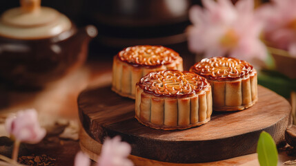 Delicious mooncakes on wooden board evoke warmth and friendship