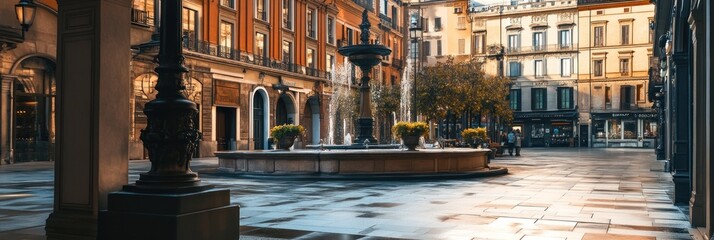 Poster - A serene plaza featuring a fountain, surrounded by elegant buildings and a tranquil atmosphere.