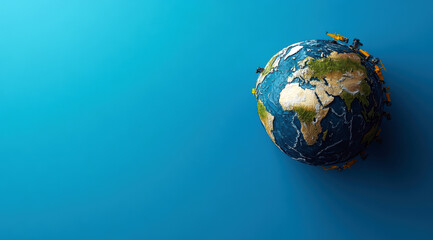 Poster - A blue background with a small globe on it. The globe is made of different colors and has a rough texture
