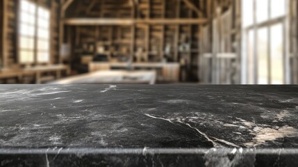 Wall Mural - A close-up of a polished black marble countertop in a rustic workshop setting.