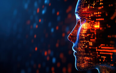 Poster - A computer generated face with a city background. Scene is futuristic and technological