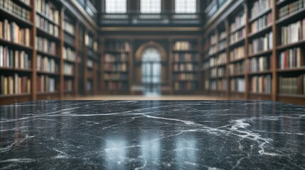 Sticker - A grand library interior with marble surface and bookshelves in the background.