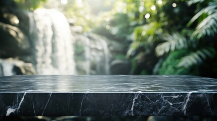 Wall Mural - A sleek marble surface against a lush, blurred waterfall backdrop.