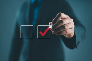 Poster - Businessman checking mark checklist marker Isolated on blue background