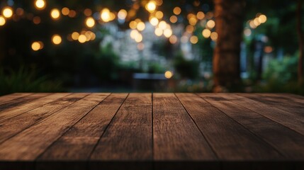 Canvas Print - A wooden table in a softly lit outdoor setting, perfect for gatherings or dining.