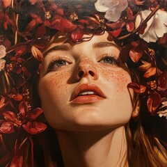 Canvas Print - A close-up portrait of a woman surrounded by vibrant flowers, highlighting beauty and nature.