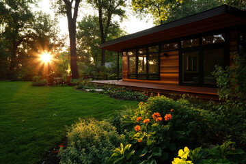 A house with a large window and a garden in front of it. The sun is shining on the garden, making it look bright and cheerful