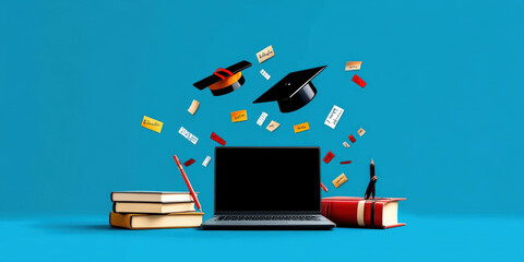 Poster - A laptop is on a table with books and a graduation cap. Concept of accomplishment and achievement