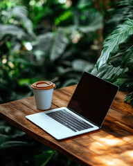Poster - A laptop is sitting on a wooden table with a coffee cup next to it. Concept of productivity and relaxation