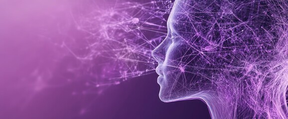 Wall Mural - A digital representation of a human profile with neural connections and a purple background.