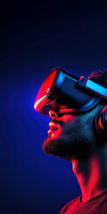 Aufkleber - A man wearing a VR headset is looking at the camera. The image is in a blue and red color scheme, giving it a futuristic and exciting vibe