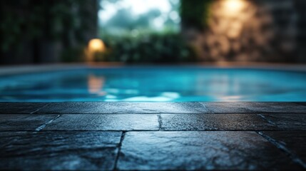 Poster - A serene poolside view with a focus on stone tiles and tranquil water.