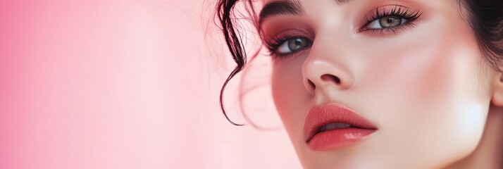 Wall Mural - A close-up portrait of a woman with soft makeup against a pink background.