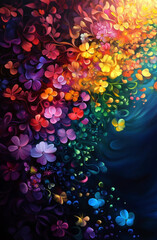 Poster - A painting of a colorful flower field with a blue sky in the background. The painting is full of vibrant colors and has a sense of movement and energy