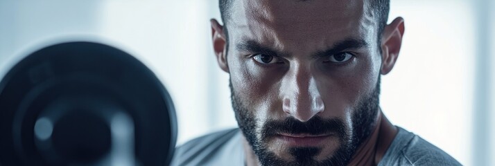 Wall Mural - A focused man lifting weights, showcasing determination and strength in a gym setting.