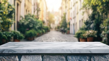 Canvas Print - A blurred street view with a stone table in the foreground, suggesting a cozy outdoor setting.