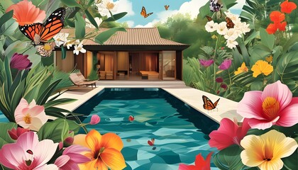 Wall Mural - Floral and Butterfly Paradise: Resort Pool Collage for Creative Projects and Art Illustrations