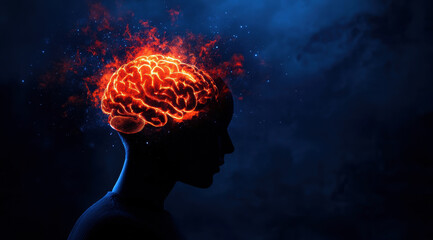Poster - A person's brain is on fire, with the flames reaching up to the top of the head. Concept of danger and urgency, as if the person's thoughts are in a state of chaos