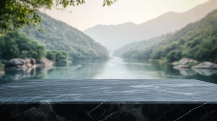 Sticker - Scenic view of a river surrounded by mountains, with a dark surface in the foreground.