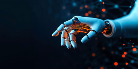 Poster - A robotic hand is shown in a black background with orange sparks. Concept of technology and innovation, as well as a futuristic or sci-fi vibe. The robotic hand appears to be reaching out