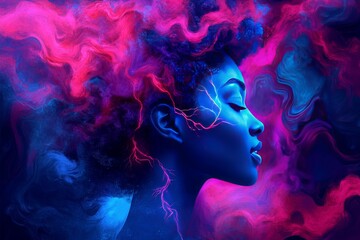 Sticker - Artistic profile of a woman with flowing neon pink and blue hair captured in a vibrant abstract and dreamlike scene against a black background