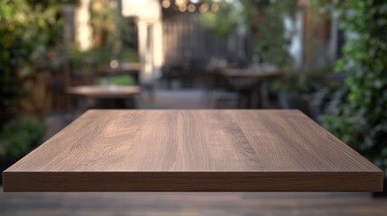 Wall Mural - A wooden tabletop in a garden setting, suggesting a dining or leisure area.