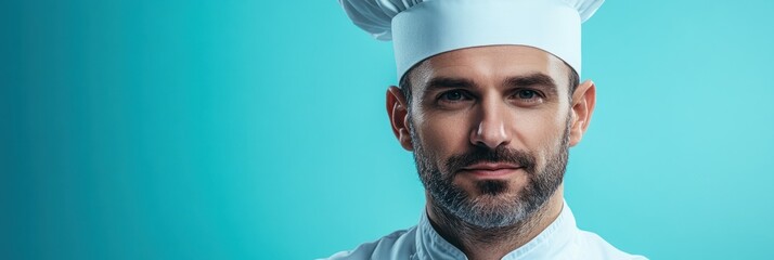 Wall Mural - A confident chef in a white uniform and hat, set against a vibrant blue background.