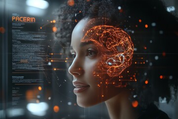 Poster - Digital illustration of a woman’s side profile with glowing neural networks and data streams symbolizing artificial intelligence and advanced brain functions