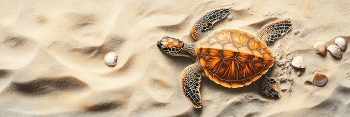 Wall Mural - A sea turtle crawling on sandy beach with seashells scattered around.