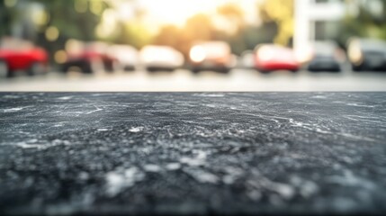 Sticker - A blurred view of a parking area with a textured surface in the foreground.