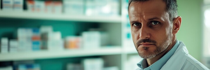 Sticker - A serious pharmacist in a lab coat stands in front of shelves filled with medication.