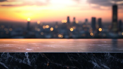 Canvas Print - A blurred cityscape at sunset with a marble countertop in the foreground.