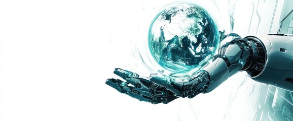 Canvas Print - A robotic hand cradles a glowing Earth, symbolizing technology's role in environmental care.