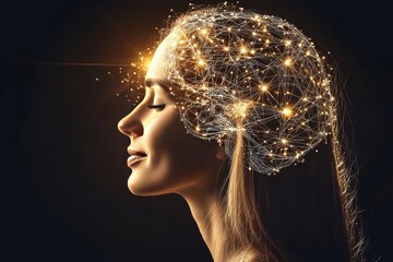 Wall Mural - Profile view of a woman with glowing neural circuits symbolizing advanced brain activity and mental connectivity in a digital and futuristic concept