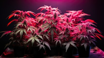 Poster - ripe marijuana bush growing in a basement lit by artificial red light from a warm lamp, growing  