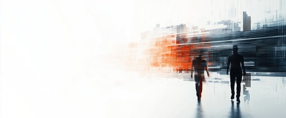 Poster - Abstract representation of two figures walking in a blurred urban environment.