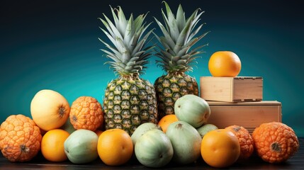 Ripe pineapple and beach sea life style objects over pastel mint blue wooden background 