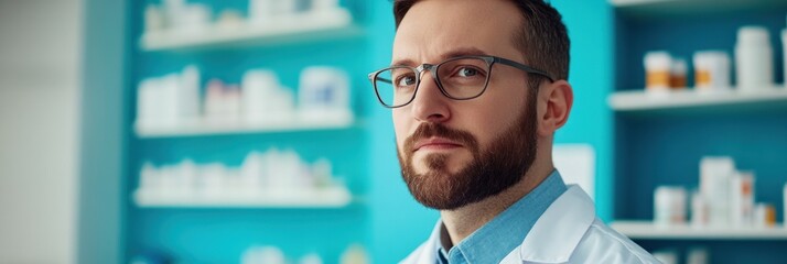 Sticker - A focused male pharmacist in a lab coat, standing in a pharmacy with shelves of medications.