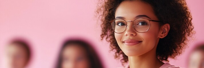 Wall Mural - A smiling young woman with curly hair and glasses against a pink background.