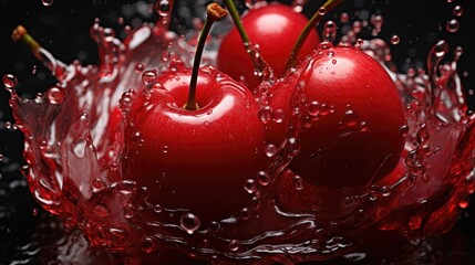 Wall Mural - Ripe raw cherry berry with fresh juice splash 