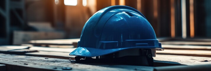 a blue hard hat rests on wooden planks in a construction site, symbolizing safety and labor.