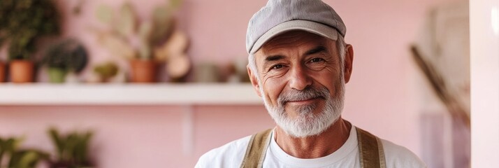 Poster - A smiling elderly man in a casual outfit stands in a plant-filled environment.