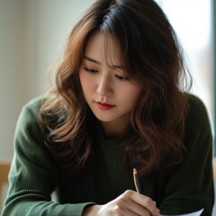 Sticker - A young woman writes thoughtfully at a desk, immersed in her task.