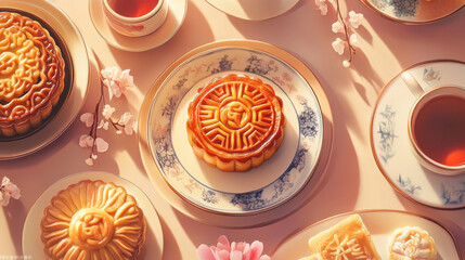 Wall Mural - Delight in mooncakes and tea, perfect for cozy gathering