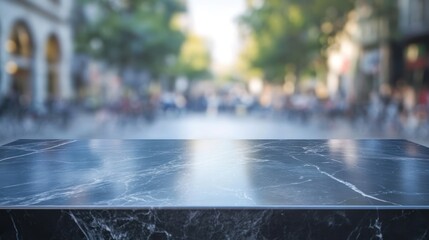 Poster - A blurred urban scene with a marble surface in the foreground.