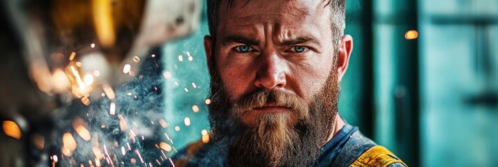 Poster - A focused worker surrounded by sparks in an industrial setting.