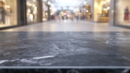 Sticker - A blurred shopping mall scene with a focus on a marble surface in the foreground.