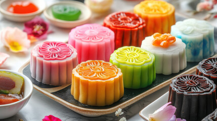 Wall Mural - Delightful mooncakes in various colors and flavors, perfect for sharing!