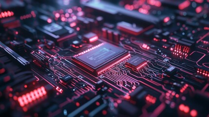 Close-up of a computer circuit board with glowing red lights